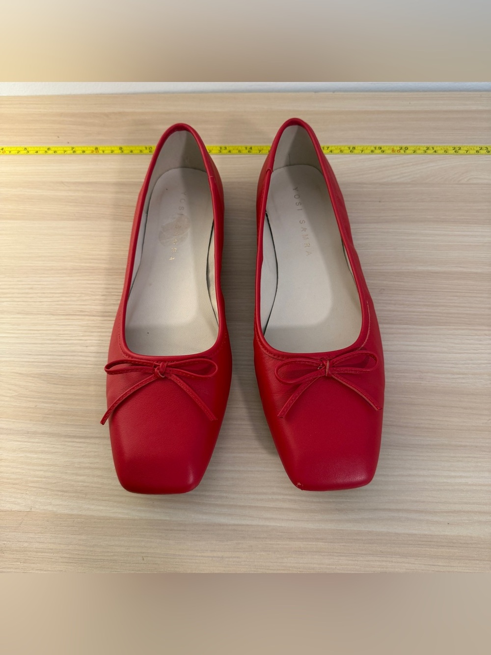 Red Genuine Leather Square Toe Bow Ballet Flats Women's 11 Cara Yosi Samra Chic